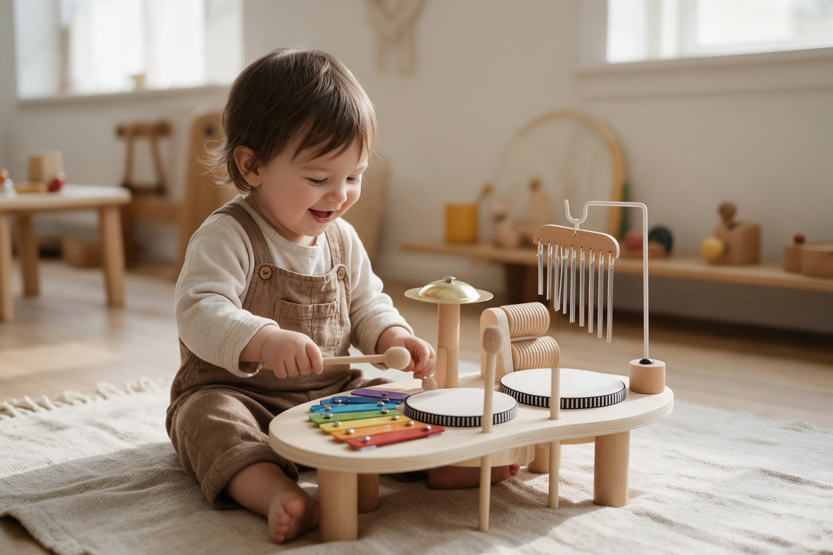 Barn som leker med Toddlers Music Set, ett träbaserat musikinstrumentset