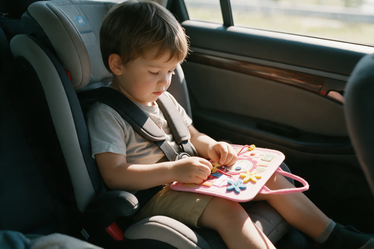 Barn i bilbarnstol leker med Toddlers Travel Bag, en aktivitetsväska i filt