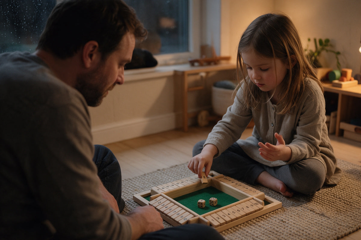 Pappa och dotter spelar Shut the Box på mattan en regnig kväll
